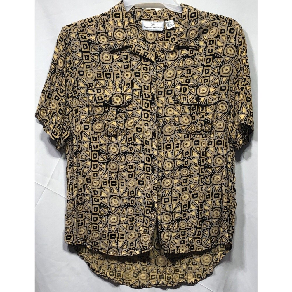 Maggie Lawrence Rayon button up top L Brown Geo Short Sleeve Capsule Boho